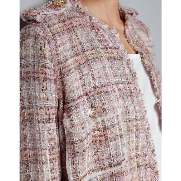 A374 ZARA WOMAN FANTASY TWEED PINK LONG GOLD BUTTONS COAT BLAZER JACKET Large - Picture 2 of 15